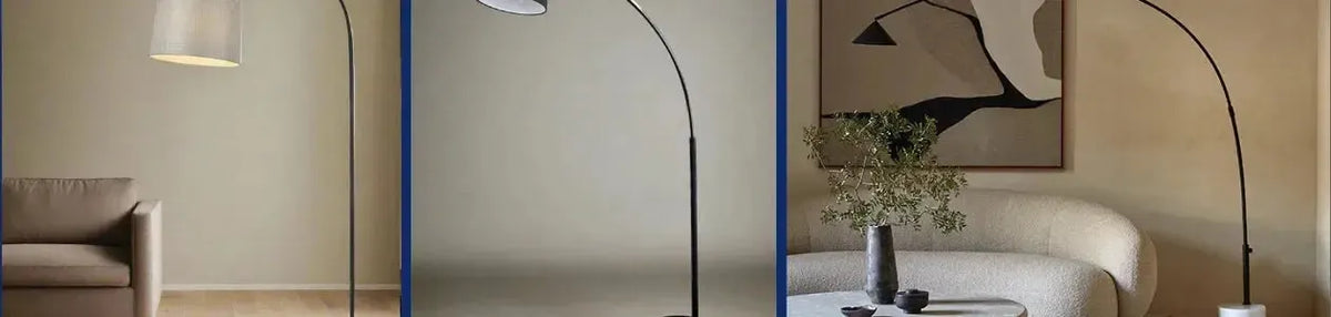 Black metal arc floor lamps with curved stems and fabric shades standing in modern living rooms with neutral decor