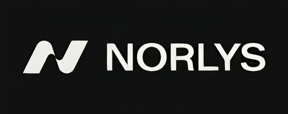 White Norlys brand logo featuring a stylised N icon and bold sans-serif lettering against a solid black background