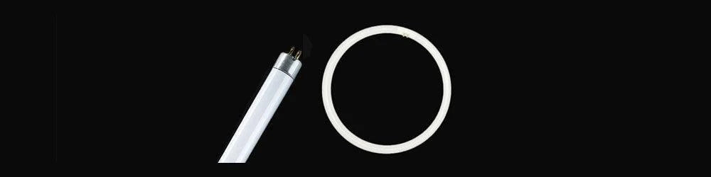 Straight and circular white T5 tubes with metallic pin connectors set against a plain black background