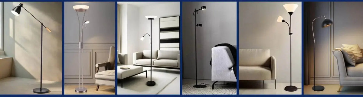 Assorted modern floor reading lamps in black and metallic finishes placed in contemporary living room settings