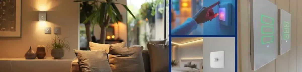 Modern white square smart light switches with glowing green touch panels mounted on a neutral interior wall