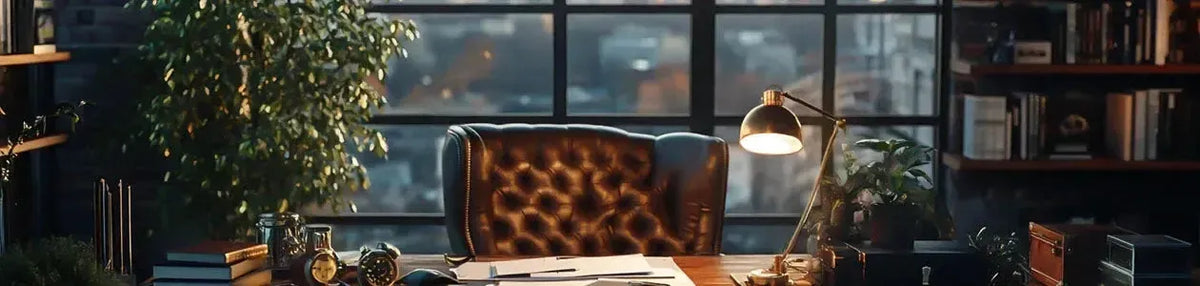 Black metal dome desk lamp on a timber office desk with a leather chair and city view background