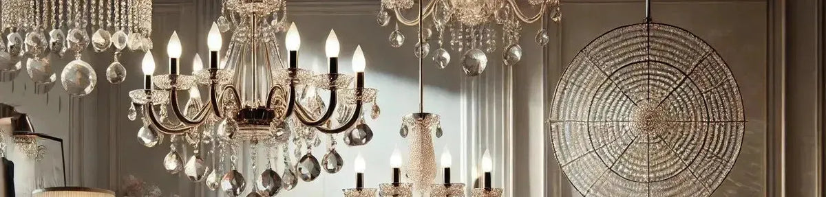 Assorted crystal chandeliers and pendant lights with polished chrome finishes hanging in a bright showroom setting