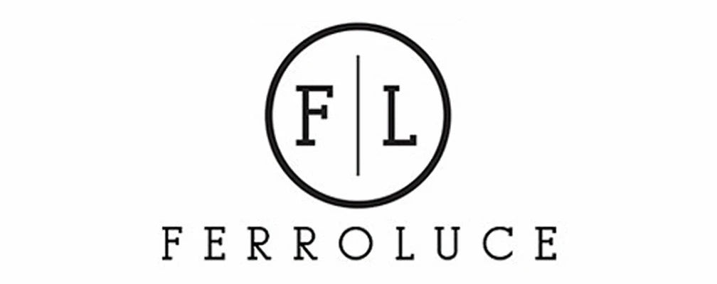Black and white Ferroluce brand logo featuring a circular emblem with the letters F and L separated by a vertical line