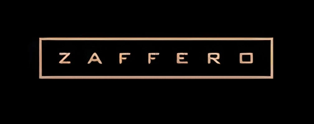 Zaffero logo featuring gold metallic lettering inside a rectangular frame on a black background