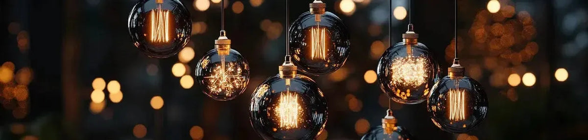 Round smoked glass vintage globes with glowing exposed filaments suspended against a soft bokeh background