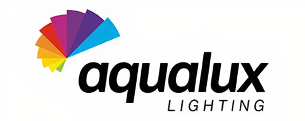 Aqualux Lighting brand logo featuring black text and a multicoloured fan shape on a white background