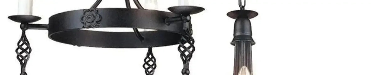 Matte black circular chandelier with twisted metal supports, floral accents and candle style lights on a chain mount
