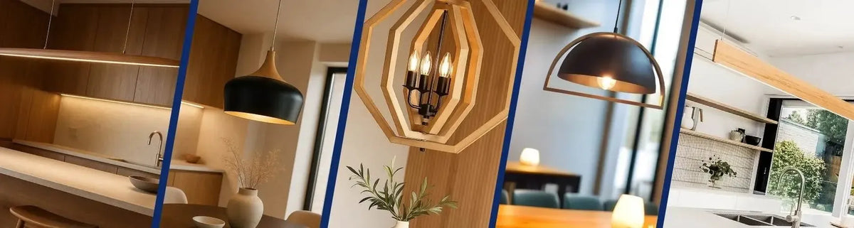 Assorted wood and timber pendant lights featuring black metal domes and geometric frames suspended in modern kitchens