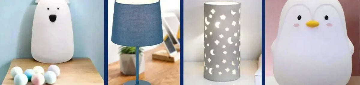 Assortment of animal shaped silicone night lights and fabric shade table lamps in blue and grey tones
