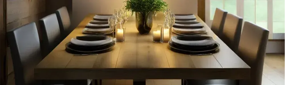 Warm ambient light illuminates a timber dining table set for dinner with grey chairs in a modern rustic dining room
