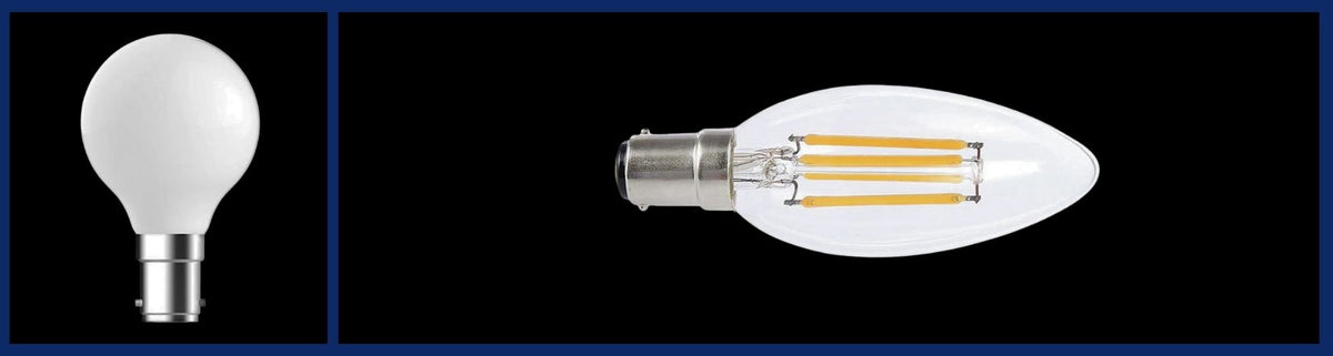 Round white opal globe and clear candle shaped bulb with visible yellow filaments and a silver bayonet base