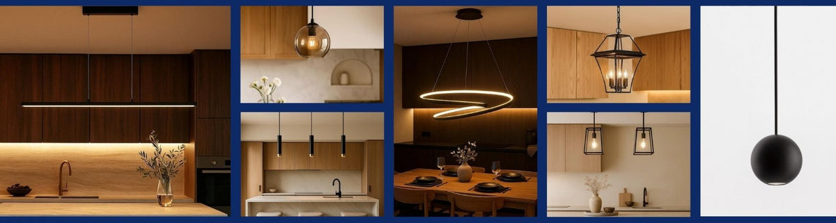 Assorted black pendant lights in modern kitchen and dining room settings featuring globe, lantern and linear designs