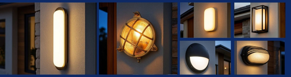Assorted bunker lights in black and brass finishes mounted on exterior walls with warm glowing glass diffusers