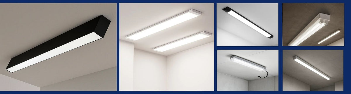 Slim black and white linear LED batten lights mounted flush to white ceilings in modern interior settings