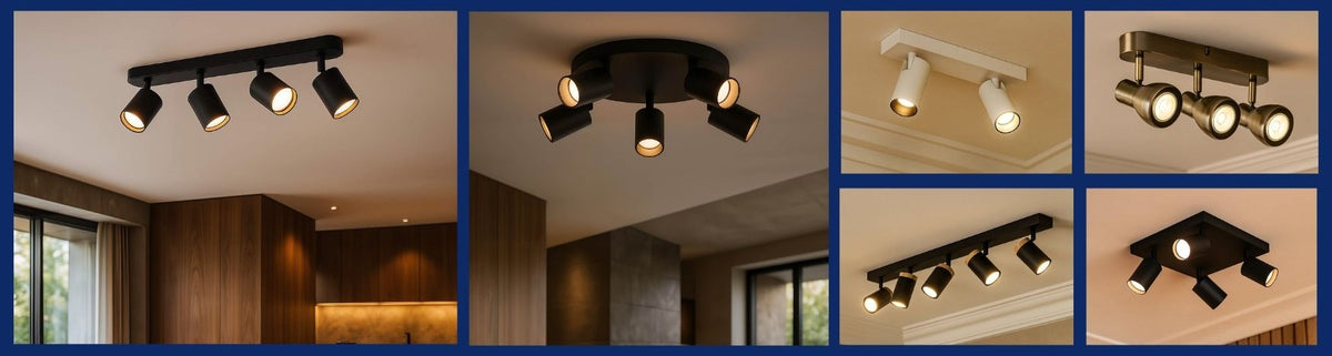 Modern ceiling mounted bar lights in black, white and bronze finishes featuring adjustable cylindrical spotlights