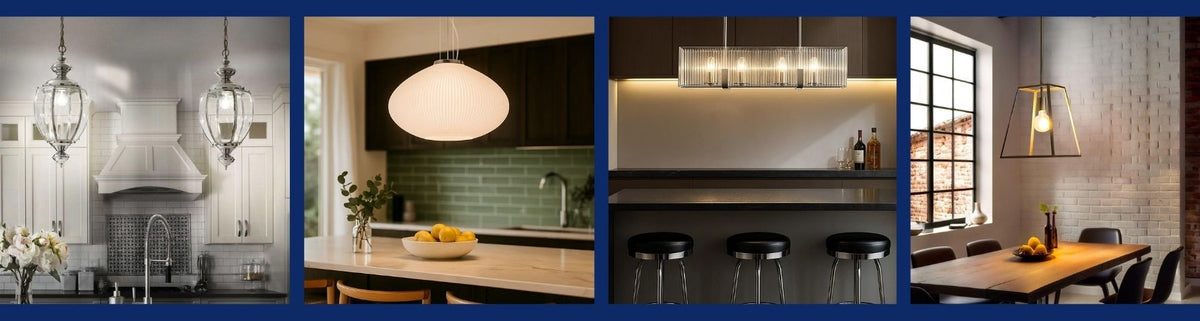 Assorted chrome pendant lights featuring glass and metal designs suspended above kitchen islands and dining tables