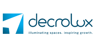 Decrolux brand logo featuring a blue square icon with a white abstract shape next to dark blue text on a white background