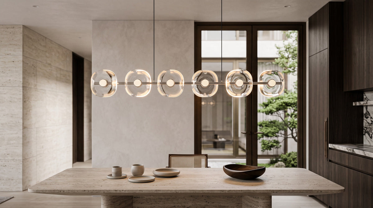 Linear pendant light with six clear glass disc shades and a brushed metal finish suspended over a stone dining table