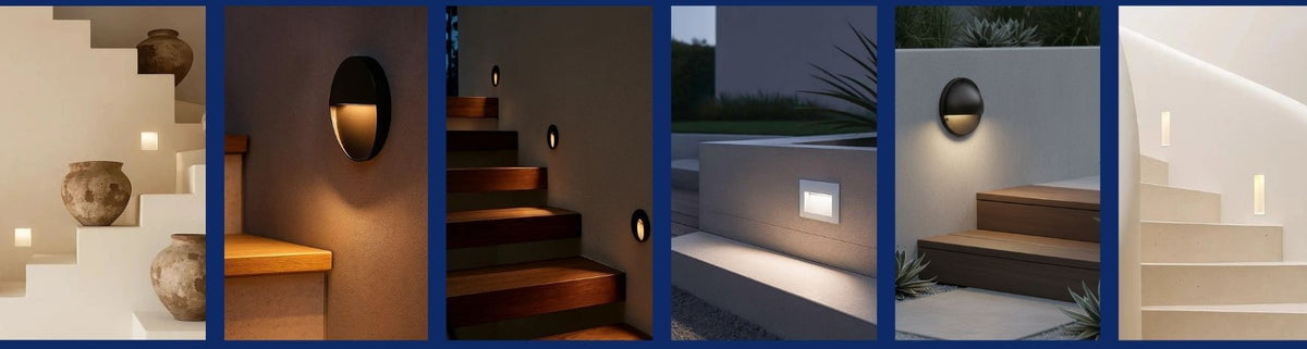 Matte black and white eyelid lights mounted on textured concrete walls and timber staircases in outdoor settings
