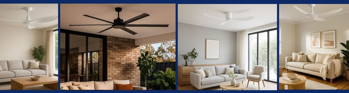 Modern AC ceiling fans in black and white finishes mounted in contemporary living rooms and outdoor patio spaces
