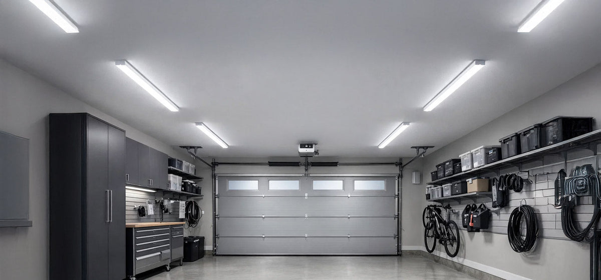 White rectangular batten lights mounted on a grey garage ceiling above storage cabinets and a sectional door
