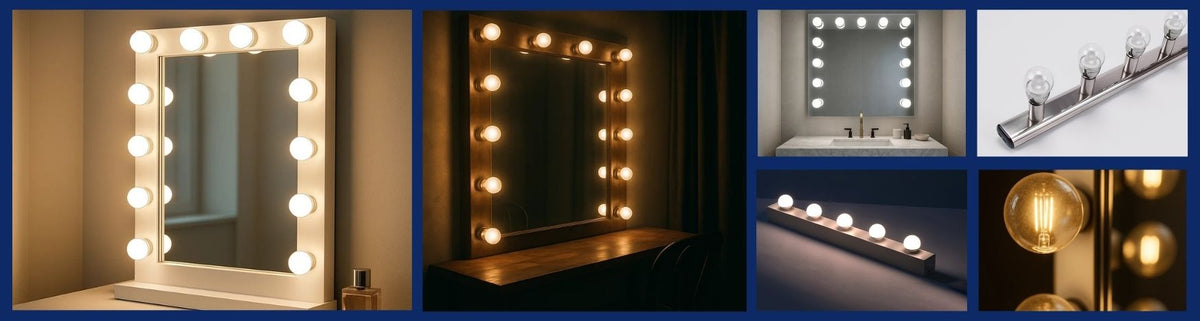 Hollywood Lights mirrors and vanity bars featuring round bulbs in white and metallic finishes for bathroom settings