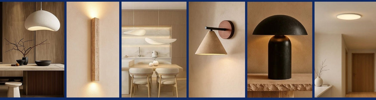 Modern indoor lighting featuring textured stone, matte black, and timber finishes in minimalist residential settings