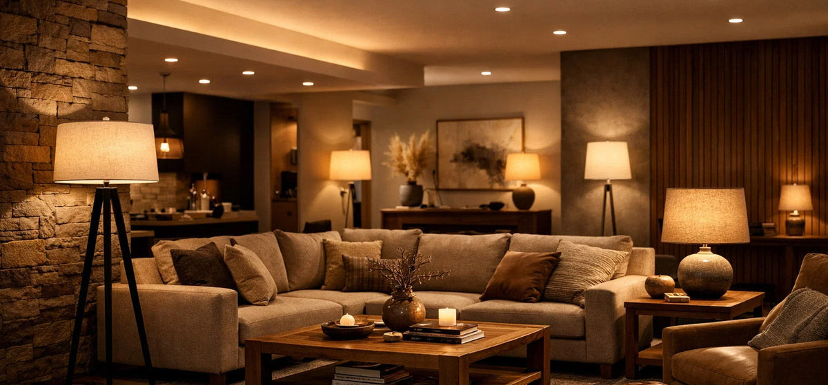 Warm ambient lighting from tripod floor lamps and table lamps illuminating a cosy living room with stone walls