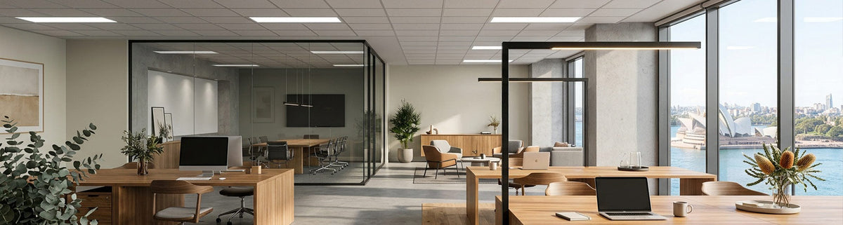 Modern office with black linear pendant lights, timber desks and glass partitions overlooking Sydney Harbour