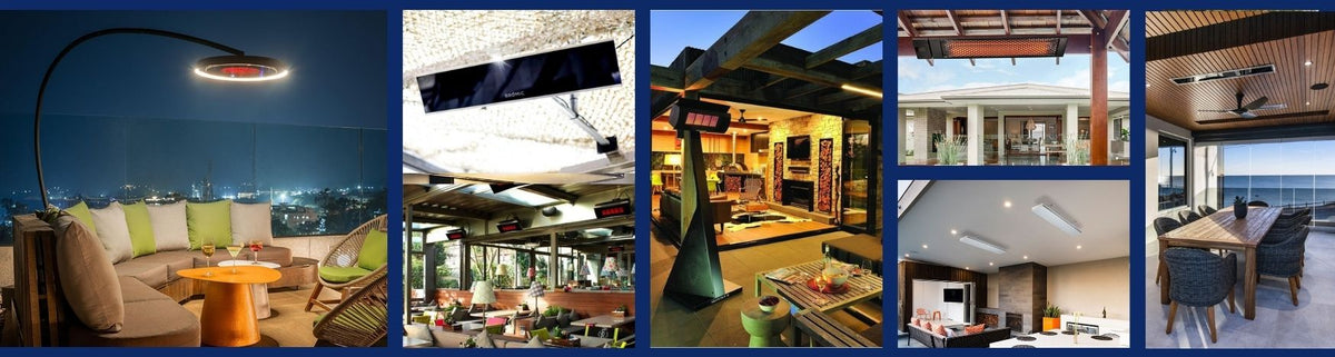 Black and silver outdoor heaters mounted on ceilings or stands in modern alfresco dining and lounge areas