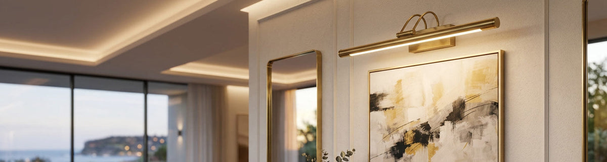 Sleek brass wall mounted picture light illuminating an abstract painting in a modern living room interior