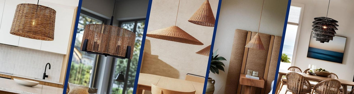 Assorted natural and black woven rattan pendant lights in modern kitchen, dining and bedroom settings