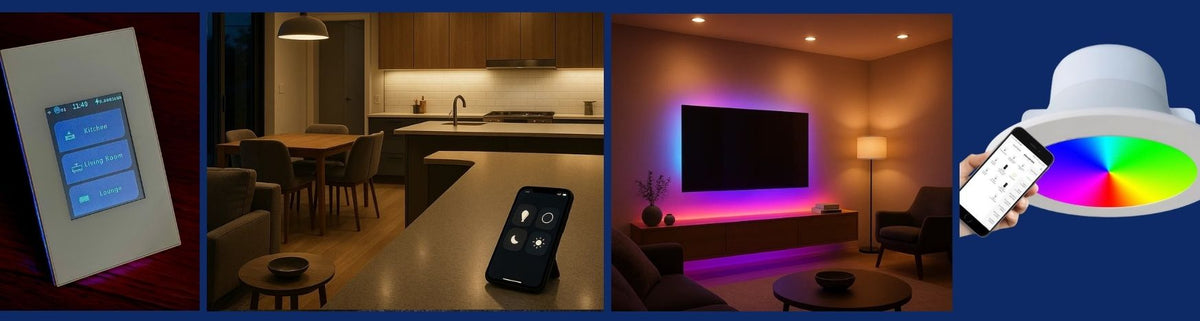 White wall-mounted touch panels and recessed downlights controlled by a smartphone app in modern home interiors