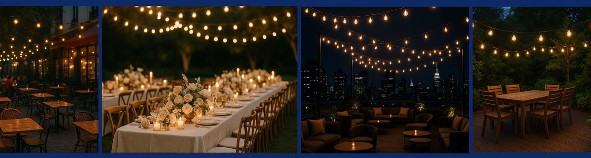 Warm glowing festoon lights draped over outdoor dining settings and a city rooftop terrace at night