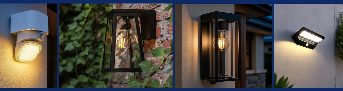 Black and white modern solar wall lights mounted on brick and rendered exterior walls with warm glowing bulbs