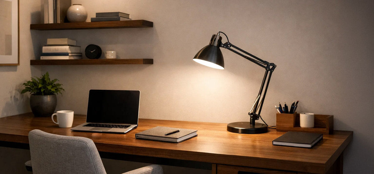 Black adjustable task lamp on a wooden desk in a home office with floating shelves and a laptop