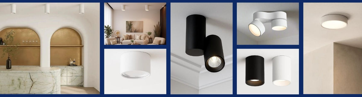 Cylindrical and circular surface mounted downlights in matte black and white finishes installed on interior ceilings