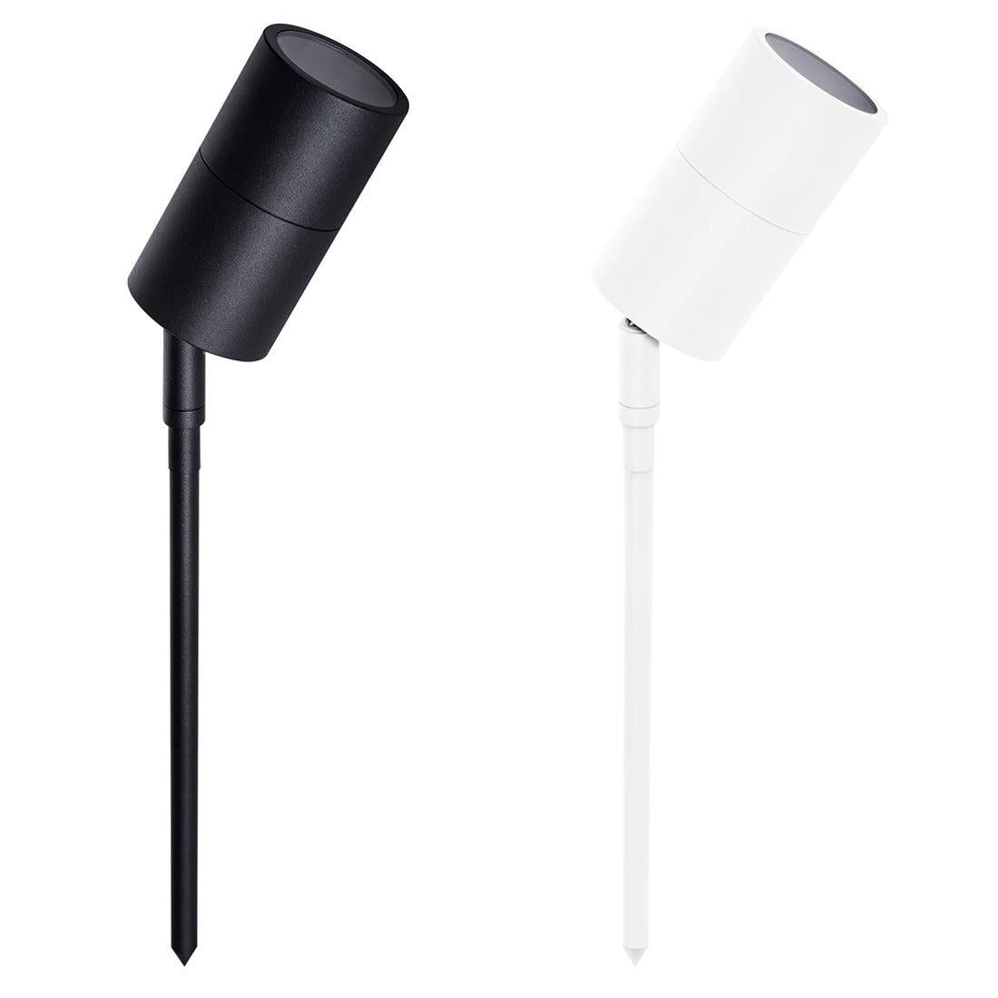 Cylindrical black and white garden spike lights with adjustable heads on thin ground stakes against a white background