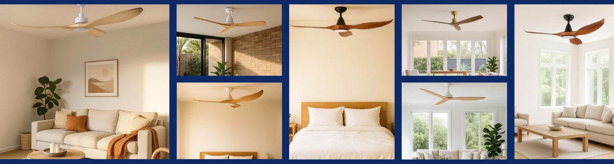Modern ceiling fans with curved timber blades and integrated lights installed in bright contemporary living spaces
