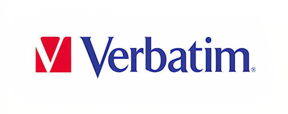 Verbatim logo featuring a red square icon with a white V next to blue embossed text on a white background