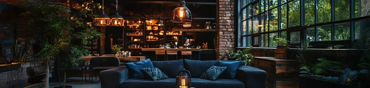 Black metal pendant lights with warm glowing bulbs hanging in a moody living room with exposed brick walls