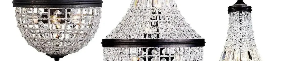 Crystal chandeliers featuring black metal frames and cascading clear glass beads in dome and tapered pendant shapes