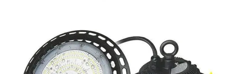 Round black industrial LED grow lights with a ribbed metal housing and a top mounted suspension eyelet