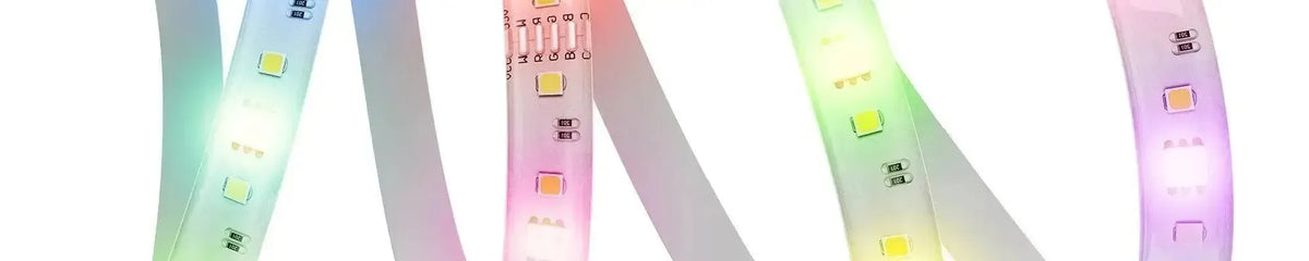 Flexible white LED strips glowing with vibrant multi-coloured light against a clean white background