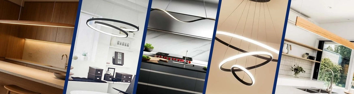 Modern LED strip pendant lights in black and timber finishes suspended over contemporary kitchen islands and living spaces