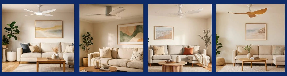 Modern ABS ceiling fans with curved blades in white and timber finishes installed in bright coastal living rooms