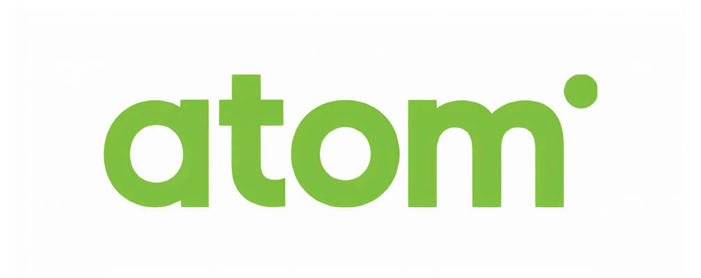 Bright green Atom brand logo featuring rounded lowercase typography on a plain white background