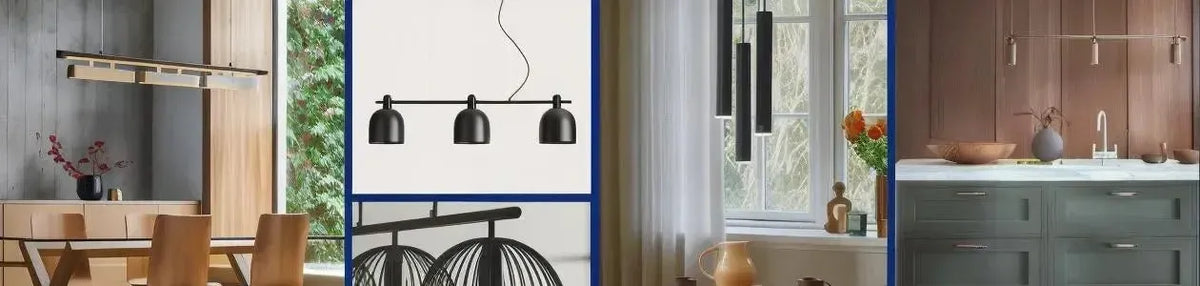 Modern 3 light pendants in black and metallic finishes featuring linear and cluster designs hung in contemporary interiors
