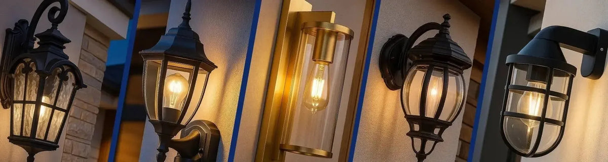 Assorted wall mounted coach lights in black and brass finishes with clear glass shades installed on exterior walls